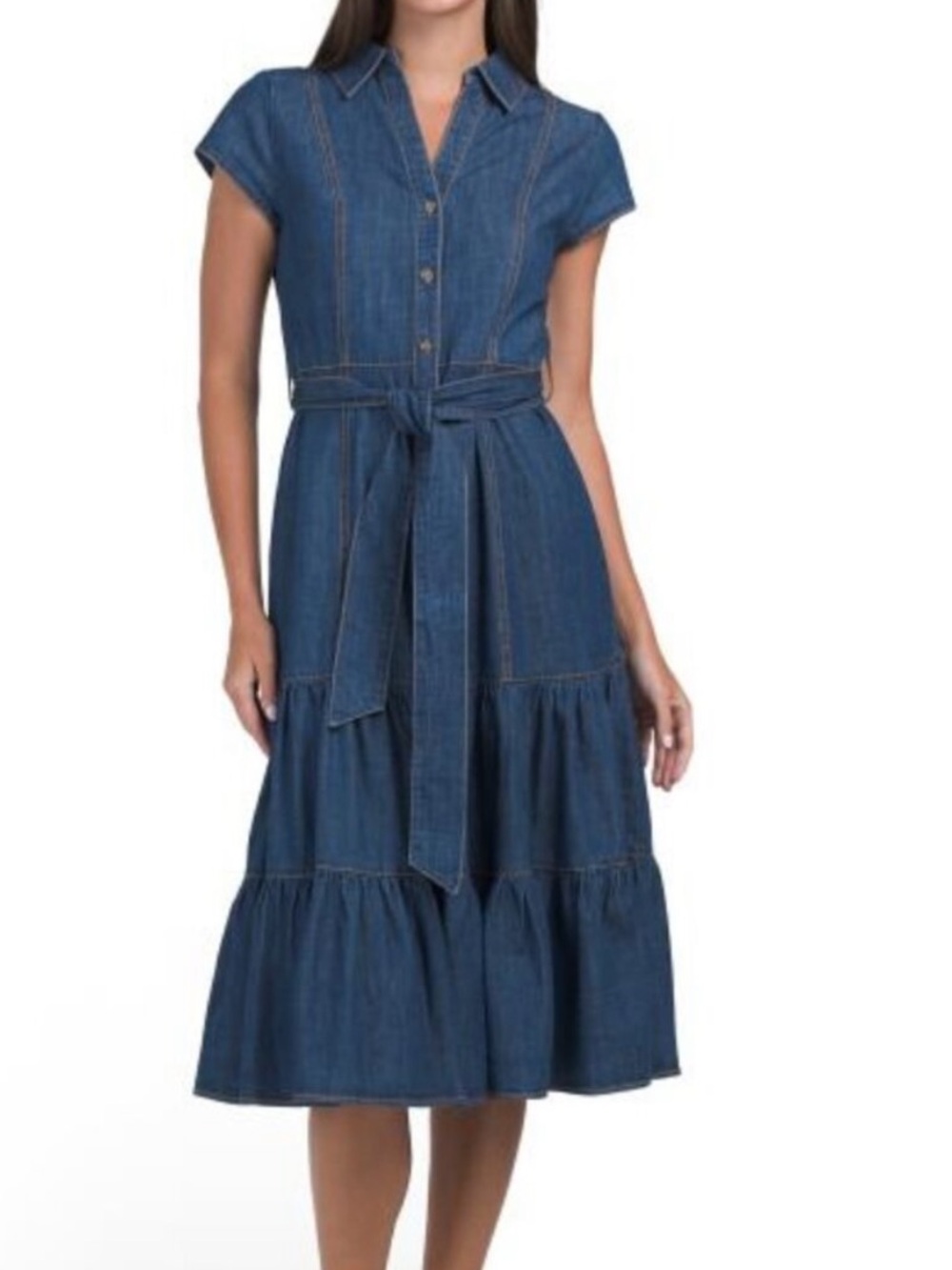 Elie Tahari Short Cap Sleeve Button Up Belted Tiered Denim Midi Dress size 4